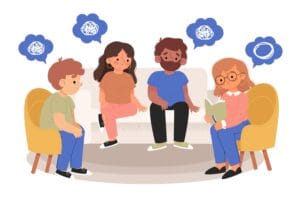 Ilustración que representa una sesión de terapia familiar presencial para bienestar emocional.
