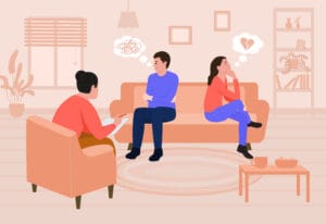Ilustración que representa una sesión de terapia de pareja presencial para salud mental.
