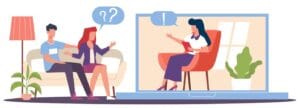 Ilustración que representa una sesión de terapia de pareja online para mejora de la comunicación
